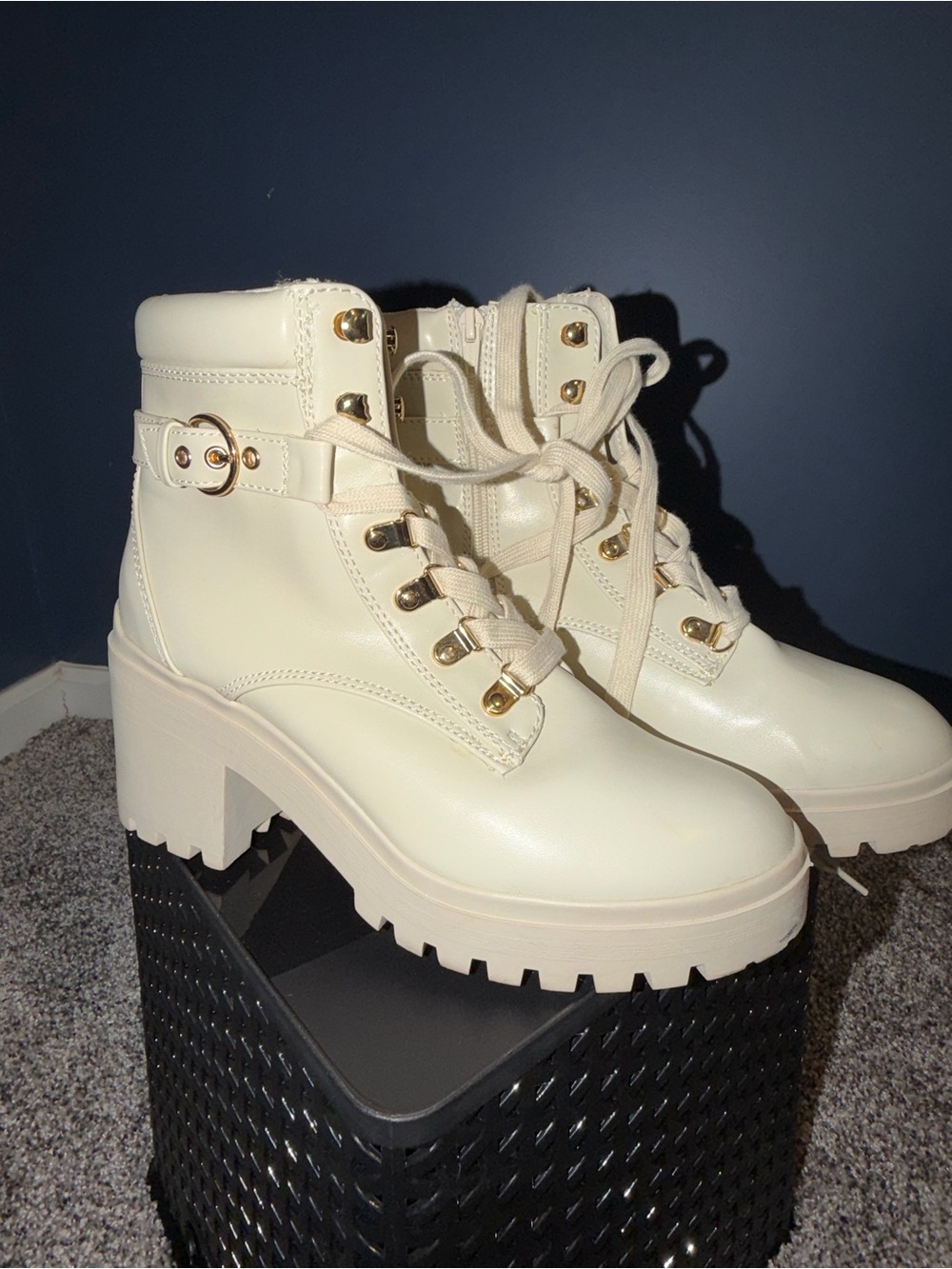 Cream Lace-Up Platform Ankle Boots with Gold Hardware